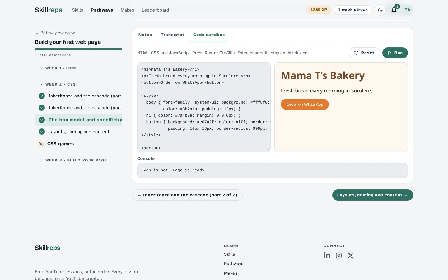 A coding lesson with the built-in HTML, CSS and JavaScript sandbox