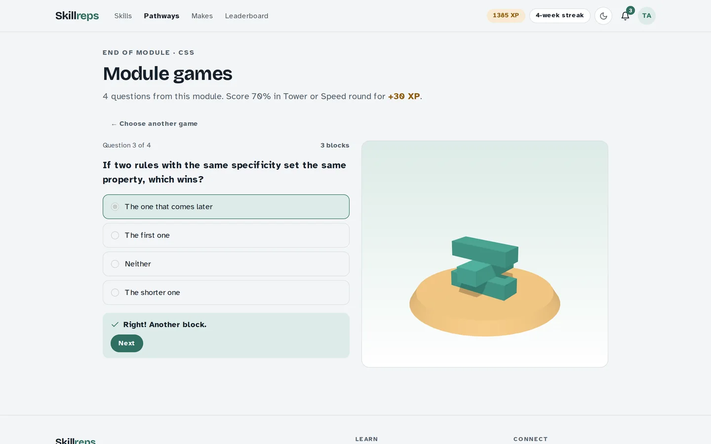 The 3D Tower game: each right answer stacks a block